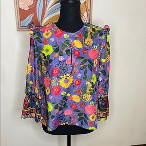 Emily Lovelock Floral Jungle Print Velour Blouse Size S NEW